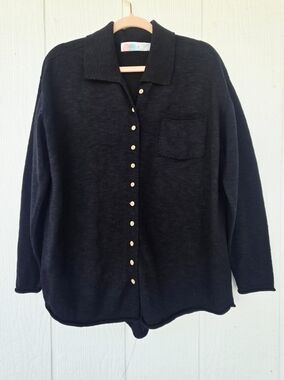 Free People Beach Zuma Oversized Linen Blend Knit Cardigan Sweater Black XS